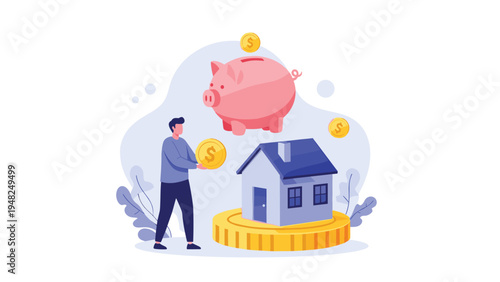 Male character putting gold coins into a piggy bank for buying a new house representing real estate investment and financial savings.