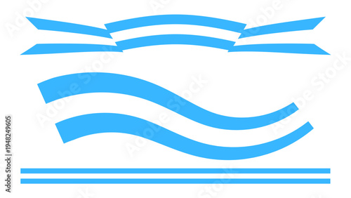 Set of 3 Blue and White Wavy Ribbon Banners and Straight Line Dividers Vector Graphic Elements for Design Projects