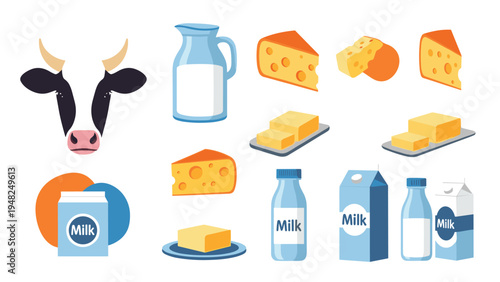Set of dairy products including cow head, milk cartons, bottles, cheese slices, and butter on white background.