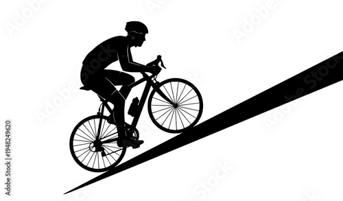 Road cyclist silhouette riding uphill on steep mountain slope symbol of endurance and determination