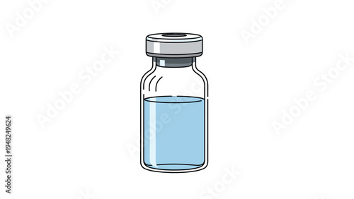 Medical glass vial containing blue liquid for vaccination or treatment purposes isolated on a white background.