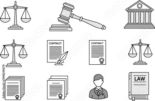 Law and Justice Icons Set Scales of Justice Gavel Contract Document Lawyer and Court Building
