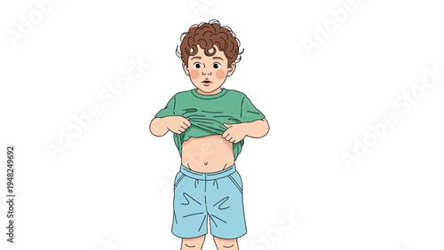 Young boy with curly hair lifting his green shirt to show his belly while looking surprised on a white background.