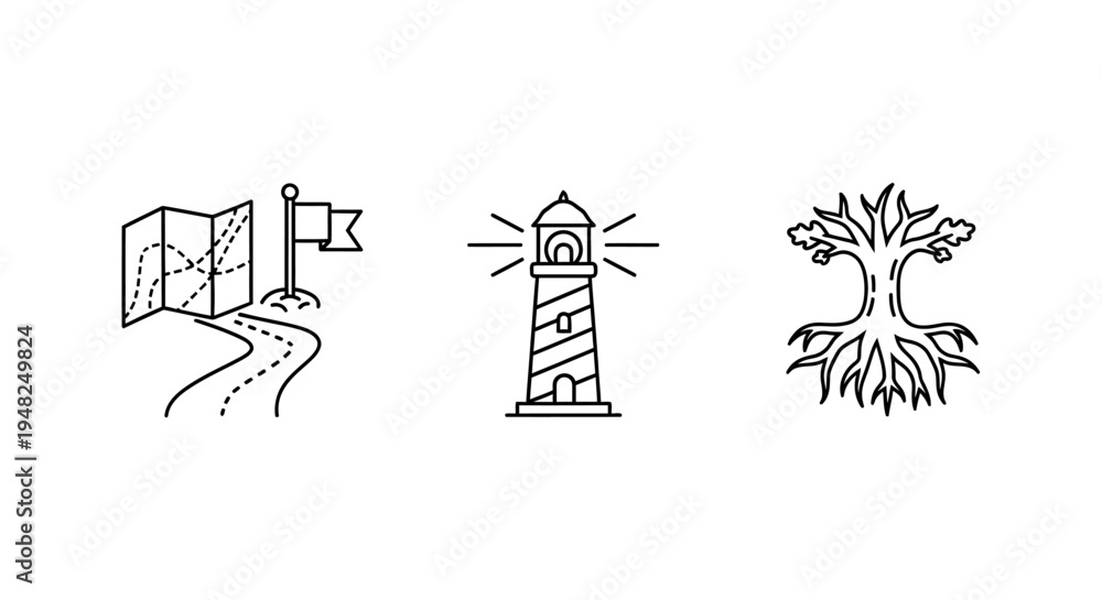 Fototapeta premium Set of three line art icons representing journey, guidance, and growth.