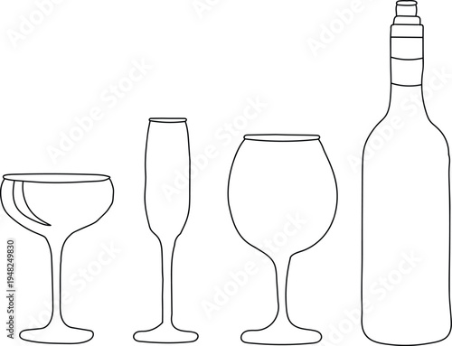 A set of empty wine glasses, transparent glass bottles, and clear crystal drinkware isolated on white for a clean restaurant bar celebration.