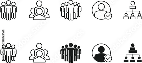 People group and organization icon set representing teamwork, leadership, user approval and corporate hierarchy structure