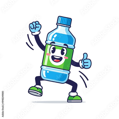 Cartoon Water Bottle Character Running Happy.