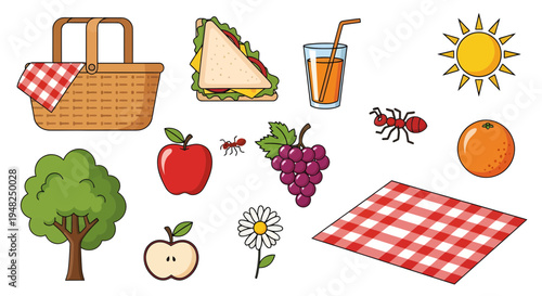 Vibrant collection of classic outdoor picnic essentials, featuring a woven basket, fresh fruits, sandwiches, refreshing juice, a sun, and a checkered blanket