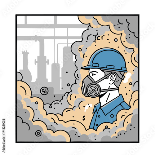 Industrial worker wearing respirator in dusty factory