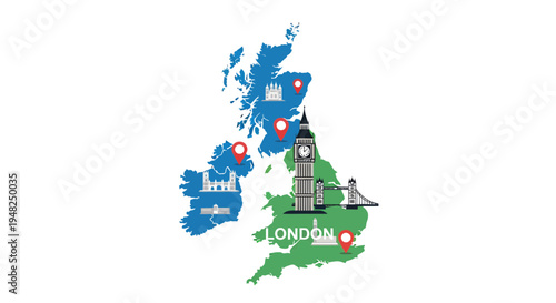 Illustrative map of the United Kingdom showcasing iconic British landmarks and popular travel destinations, with a focus on London's attractions, perfect for tourism