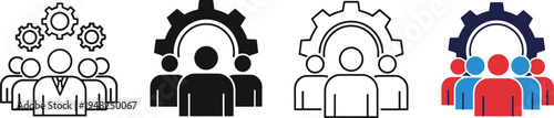 Teamwork and business management icon set with people group and gear symbols representing organization, leadership and corporate collaboration