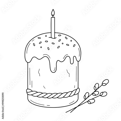 Contour drawing of Easter cake with candle and willow branches. Easter bread, traditional sweet pastry of cylindrical shape. Drawing is made in black. Vector illustration