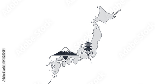 Explore the cultural essence and geographic outline of Japan through this stylized map featuring iconic landmarks like Mount Fuji and traditional pagodas, a perfect travel graphic