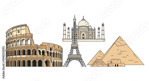 A collection of iconic world landmarks illustrated in a clean vector style, showcasing famous architectural wonders for global travel and cultural exploration
