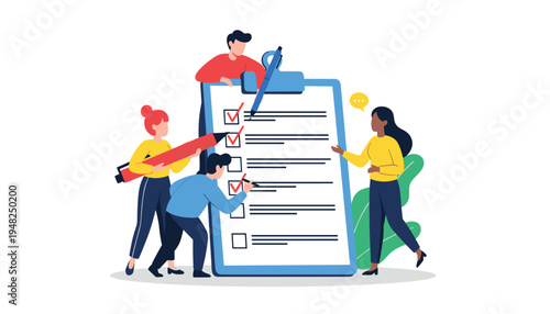 A group of people working together to complete a large checklist