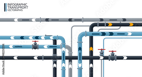 Dynamic Liquid Flow System Illustrated A Modern Industrial Pipeline Network with Interconnected Pipes, Valves, and Directional Arrows for Efficient Fluid Transport