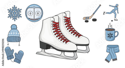 Essential winter collection featuring ice skates, hockey gear, warm apparel, and cozy drinks, perfect for seasonal sports, outdoor recreation, and enjoyable cold weather activities