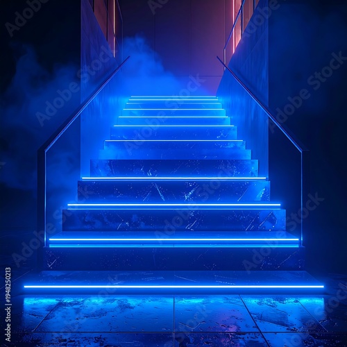 Ascending blue neon stairs, framed by dark concrete, fog at base, with diffused light from above