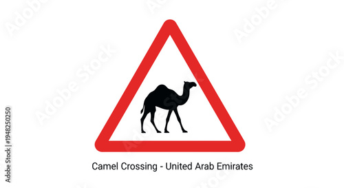 Road safety alert sign with a black camel icon, signifying a camel crossing zone and promoting caution for drivers on desert routes