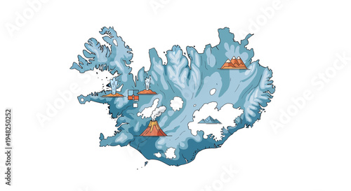 Stylized illustration of Iceland's unique geographical features, highlighting its prominent volcanic activity and expansive glaciers across the island, ideal for travel and educational content