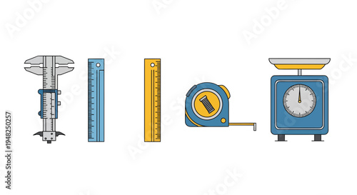 Comprehensive collection of essential measuring tools for precision tasks, including calipers, rulers, tape measure, and kitchen scale, perfect for accurate work across various fields