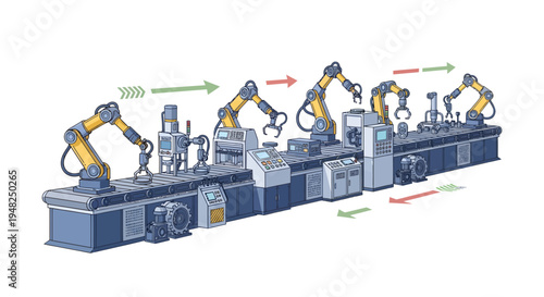 Streamlined industrial production line with advanced robotic arms performing automated tasks, illustrating modern manufacturing efficiency and smart factory technology