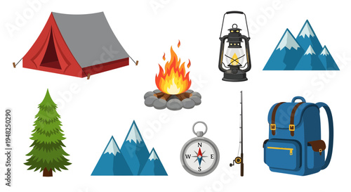 Vibrant collection of essential camping and outdoor adventure gear for wilderness exploration and travel, perfect for any outdoor enthusiast