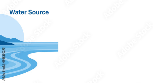 Vector illustration of a tranquil water source, currents gently whisking past stylized mountains under a calm sky, symbolizing natural flow and environmental purity