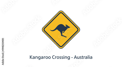 Yellow diamond road sign illustration with a black kangaroo silhouette, warning drivers of animal crossings on Australian roads to ensure safety near native wildlife