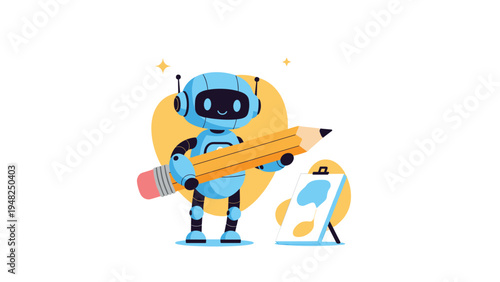 Creative blue robot character holding a giant yellow pencil and painting on an artist canvas in a studio setting.