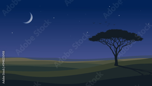 Vector illustration of a serene African savanna night featuring a moonlit sky, starry night, and lonely acacia tree silhouette. Minimalist safari style.