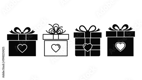 A set of four black and white gift boxes with heart designs and ribbons on a plain white background for valentine's day or wedding related designs and promotions