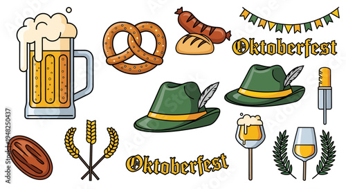 A delightful collection of festive elements celebrating an autumn beer festival, featuring traditional beverages, savory snacks, and customary attire for cultural events