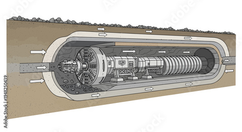 An intricate technical diagram illustrating the cutaway view of a powerful tunnel boring machine engaged in underground construction and excavation for new infrastructure projects