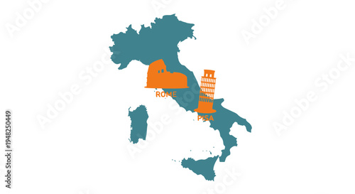 Stylized vector illustration of Italy's map featuring iconic landmarks like the Colosseum, Leaning Tower of Pisa, and Milan Cathedral, perfect for travel guides and cultural tourism promotion