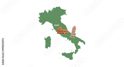 Illustrated Map of Italy Highlighting Iconic Roman Colosseum and Leaning Tower of Pisa, Symbolizing European Travel Destinations and Rich Cultural Heritage
