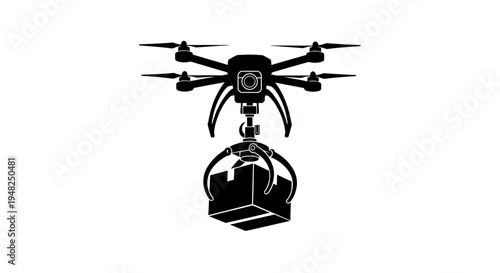 Drone delivering package in black and white vector illustration.