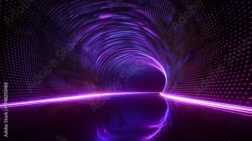 Abstract tunnel created by glowing purple and blue led pixels and neon lines, offering a dynamic visual representing data flow, innovation, and technological advancement