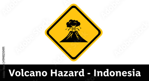 Vivid yellow diamond warning sign illustrating an erupting volcano with a prominent smoke plume, indicating a natural hazard and potential danger, crucial for public safety awareness