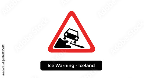 Vibrant graphic road safety sign indicating hazardous slippery ice conditions and potential vehicle skidding danger, designed as a clear visual warning for drivers navigating winter roads