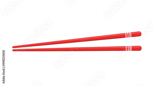 Simple illustration of a pair of red wooden chopsticks with white decorative stripes isolated on a white background.