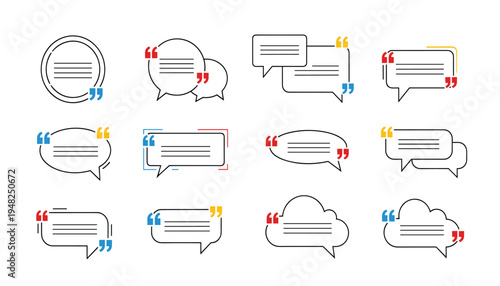 A collection of 12 colorful quote and speech bubble icons with quotation marks