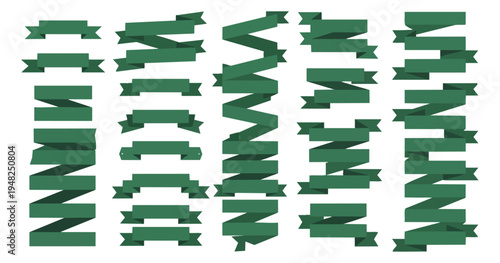 Collection of green ribbon banners isolated on black background