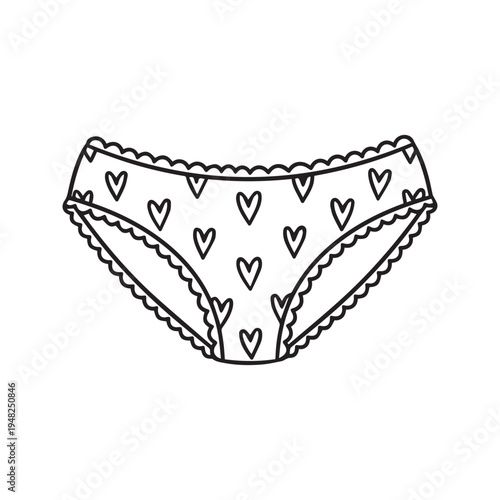 Women's panties underwear with heart pattern line art black and white drawing
