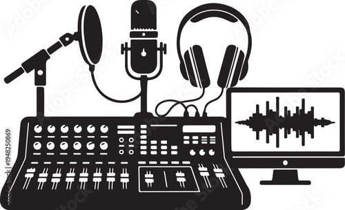 Vector illustration of recording studio equipment with microphone, headphones, mixer and computer