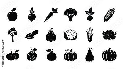 Collection of various vegetables and fruits icons in black silhouette on white background for food illustration and design