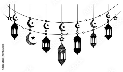 Ramadan Kareem lantern garland with moon and stars vector illustration