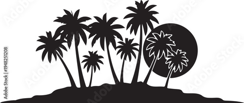 Vector silhouette of tropical island with palm trees and sun