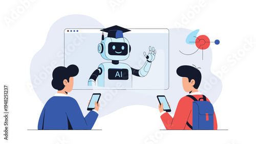 Digital education concept showing students using mobile devices to learn from an artificial intelligence teacher on screen.