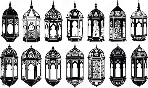 Collection of ornate Ramadan lantern silhouettes Islamic decorative lantern set traditional Arabic hanging lamps vector illustration isolated on white background for Ramadan and Eid design